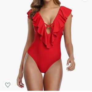Eomenie Women's One Piece Swimsuit Ruffle Swimwear Red Bathing Suit Size L NWT
